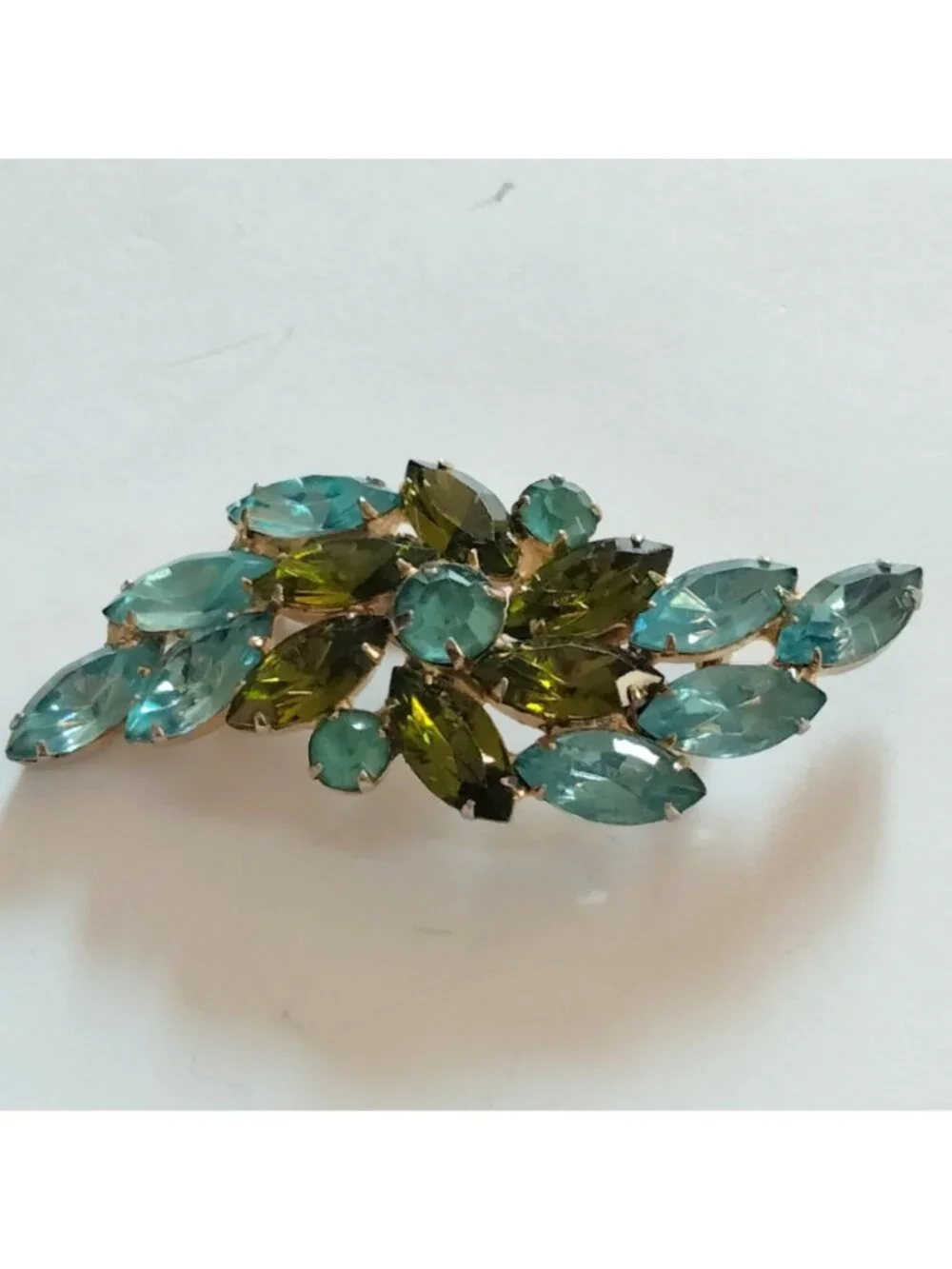 Blue Green Rhinestone Leaf Brooch Elegant Fruit Salad Vintage MCM Glam